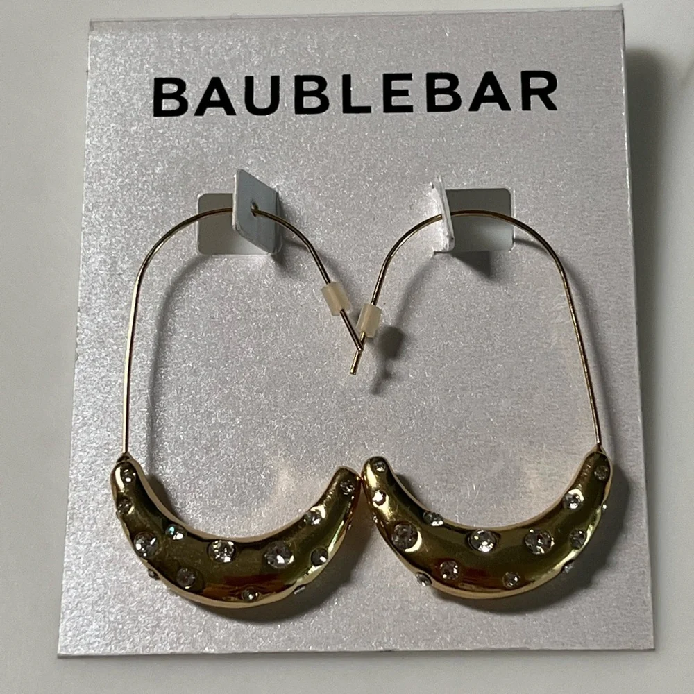 NWT Baublebar Gold Rhinestoned Half Hoop Earrings - Picture 2 of 3